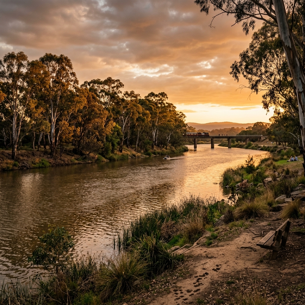 Golden-hour view of the Murrumbidgee River at Wagga Wagga, regional New South Wales